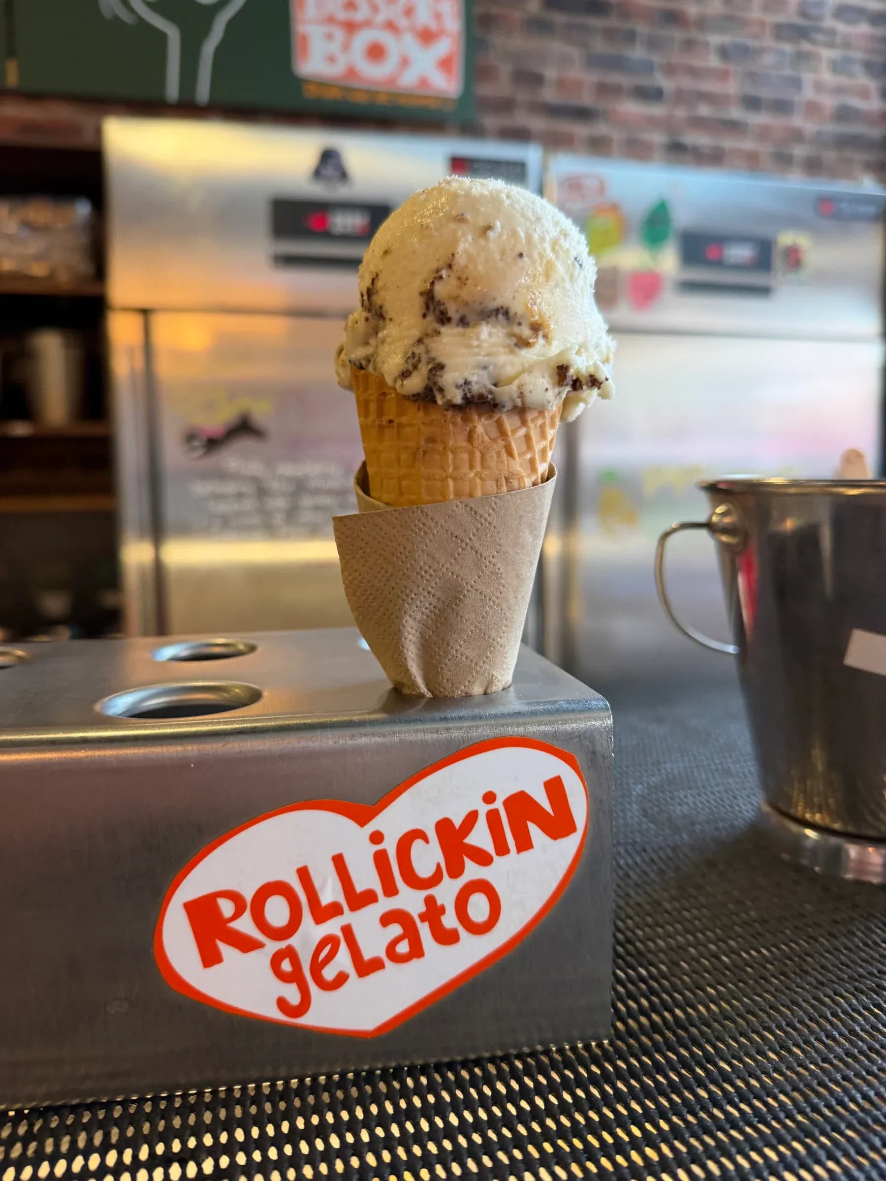 A gelato cone at Rollickin’ Gelato.