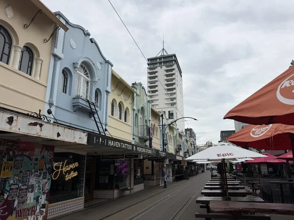 Pastel façades along New Regent Street, Christchurch