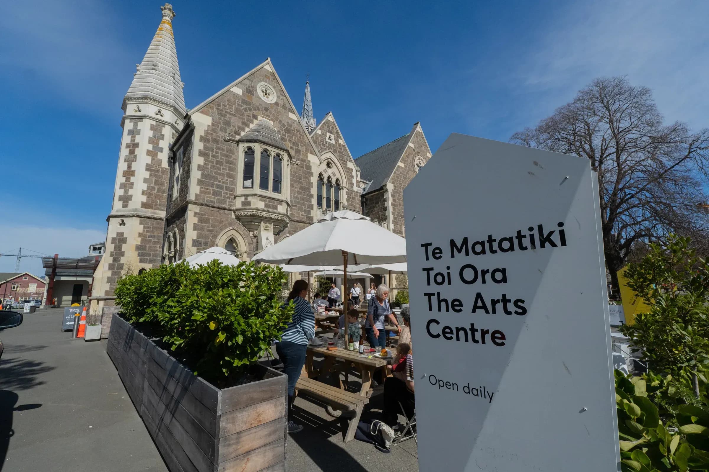 Café tables outside the Christchurch Arts Centre