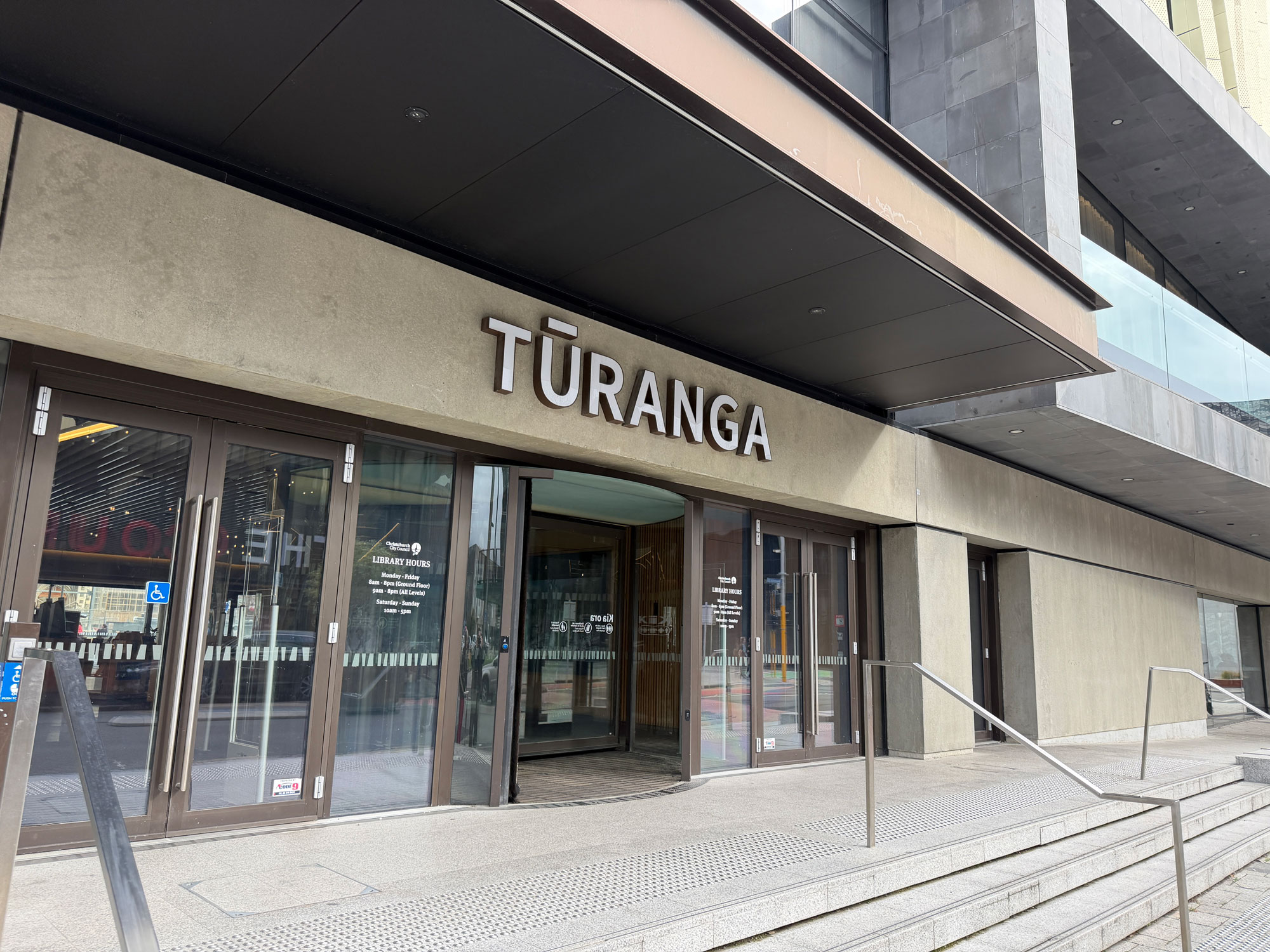 Tūranga entrance doors, the meeting point for the Ultimate Christchurch Walking Tour.
